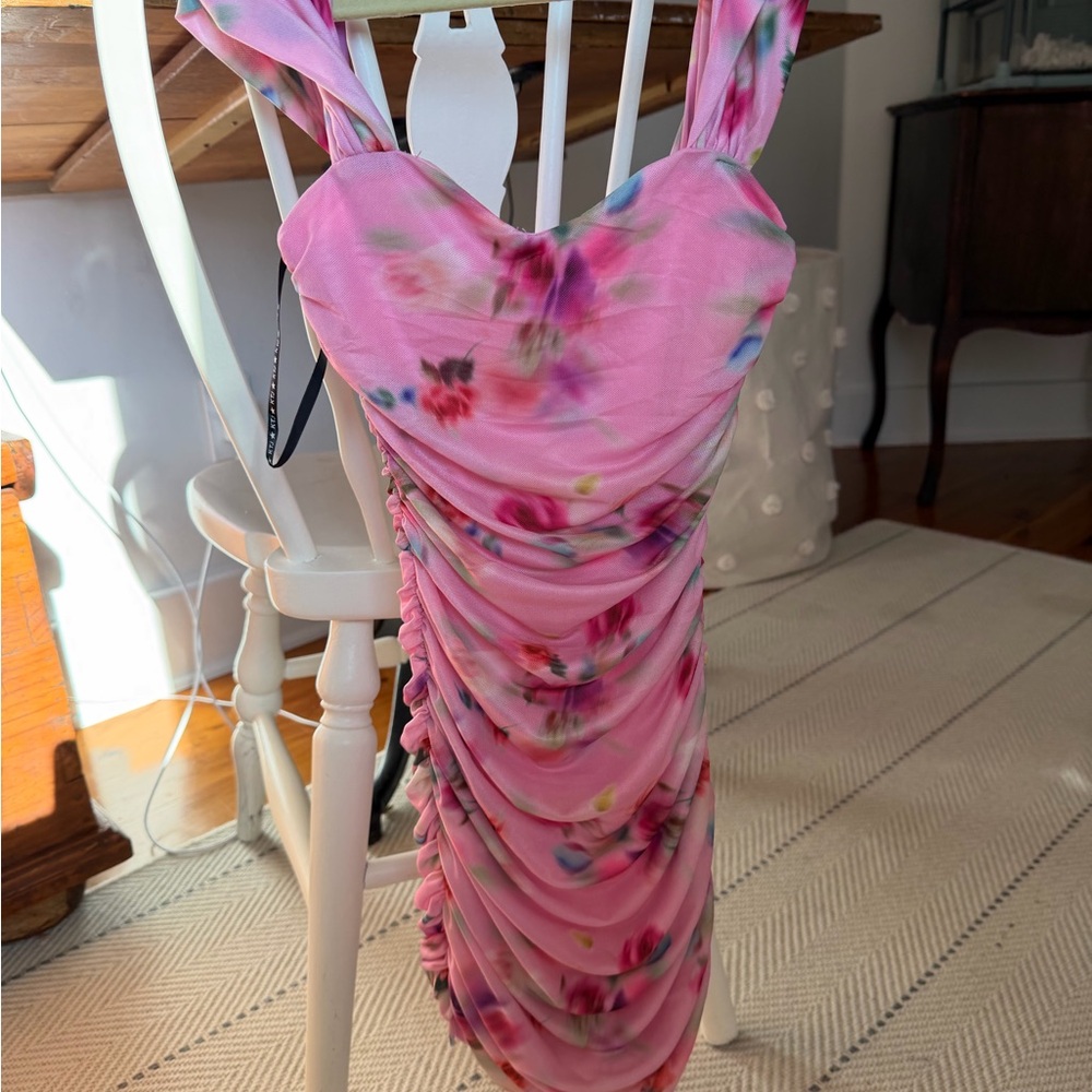 Katie J NYC Pink Floral Ruched Sweetheart Mini Dress